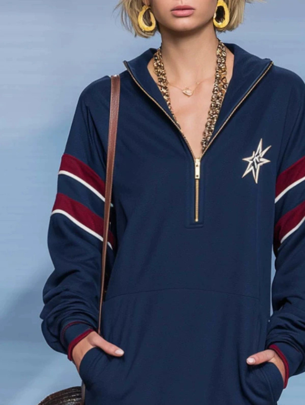 Retro Sporty Navy Hooded Half Zip Long Sleeve Mini Dress